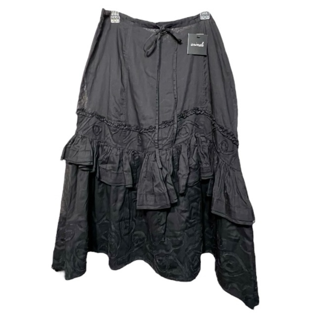 Animale by Jacques Ruc Black Full Midi Skirt Lagenlook Tiered Ruffle Embroidery
